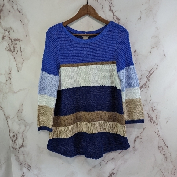 Chicos Sweater Womens Medium 1 Blue Brown White Striped Knit